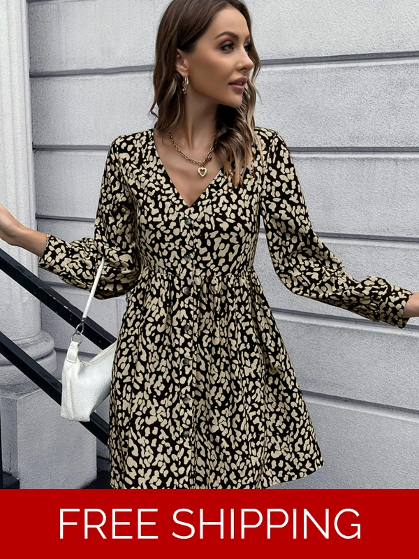 Animal Print Buttoned V-Neck Long Sleeve Dress